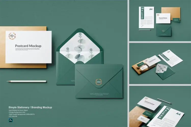 Simple Stationery Branding Mockup 5款A4纸信封铅笔名片组合展示vi设计贴图ps文具样机素材模板
