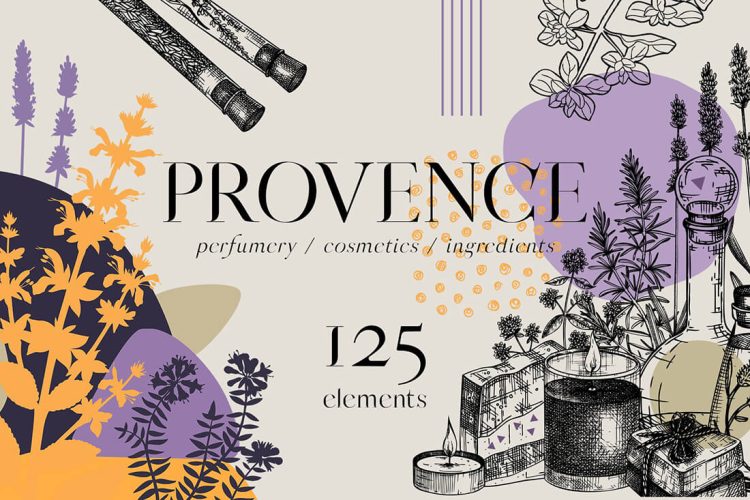 Herbs of Provence. Floral collages 复古时尚手绘普罗旺斯草药花卉植物插图插画图案设计素材ai源文件