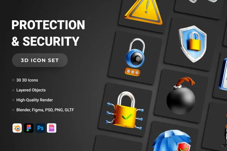 3D Protection and Security Icon Set 30款3D立体三维网络安全互联网科技图标Icons设计素材合集