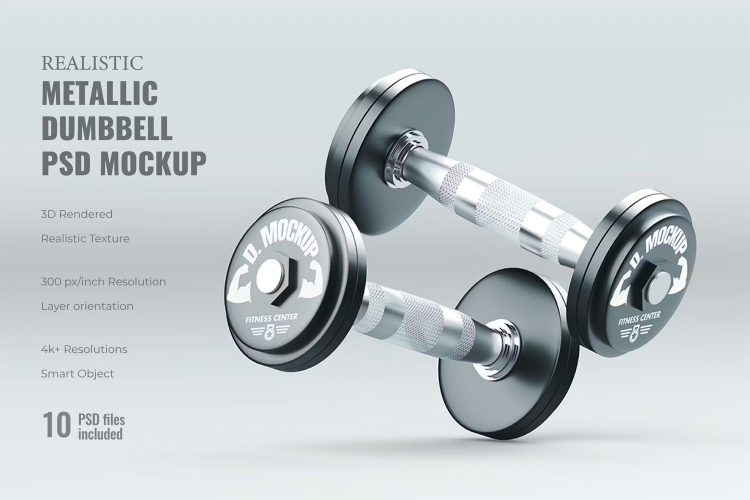 Realistic Metallic Gym Dumbbell PSD Mockup 10款逼真金属健身哑铃模型展示logo标识设计贴图ps样机素材模板