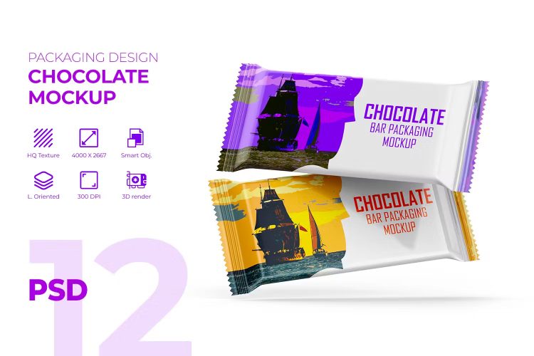 Glossy Chocolate Bar Package Mockup PSD Template 巧克力威化饼干食品产品包装多角度样机展示素材