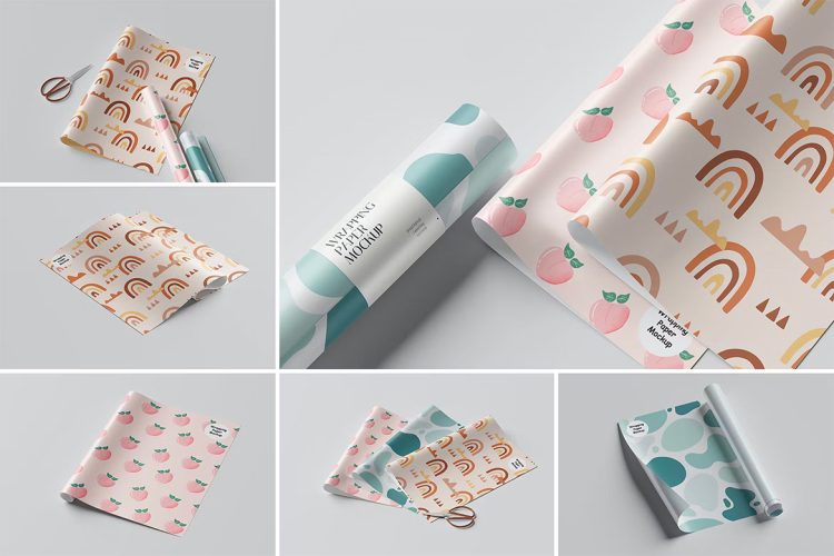Wrapping Paper Mockup 7款礼物礼品礼盒花束包装纸文具印花图案ps样机素材展示效果图