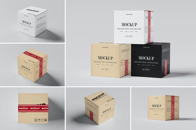 Square Carton Box Mockup 6款正方形纸盒打包快递纸箱包装设计贴图ps样机素材展示效果图