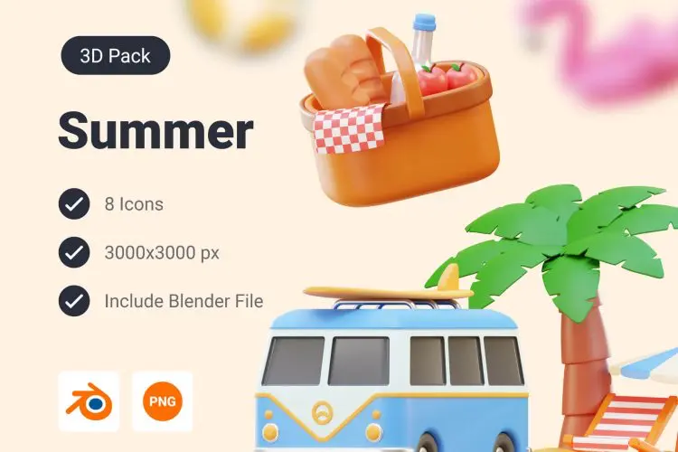 Summer Vacation 3D Icon Pack 8款卡通夏季暑期出游宣传元素3D图标icon素材webp免抠图文件