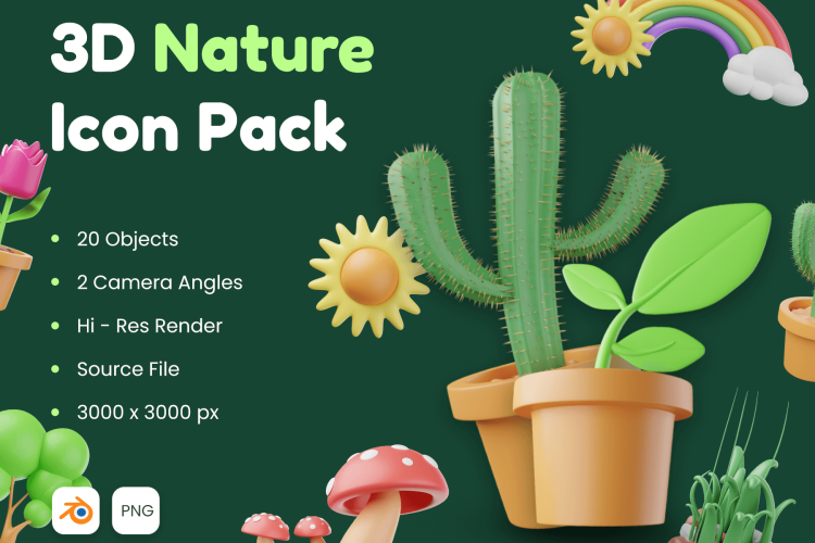 3D Nature Icon Pack 20款3D立体卡通自然植物花卉绿植环保icon图标png免抠插图素材