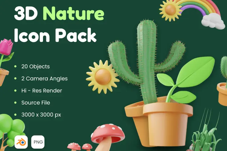3D Nature Icon Pack 20款3D立体卡通自然植物花卉绿植环保icon图标webp免抠插图素材