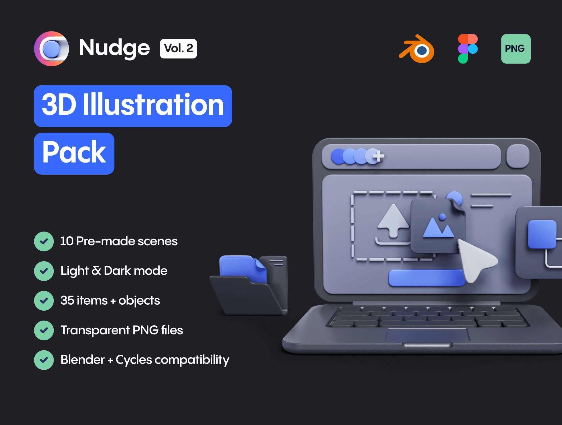 Nudge Vol.2 – 3D Illustration 45款3D立体未来科幻数码游戏等距插图插画png免抠图片设计素材