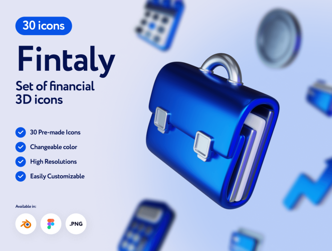 Fintaly Finance 3D Icons 30款蓝色金属质感3D金融虚拟货币日历计算器图标icon