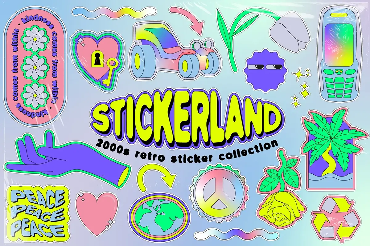 STICKERLAND 2000s Vector Set 70款Y2K千禧年潮流复古朋克摇滚卡通标签贴纸ai设计素材源文件
