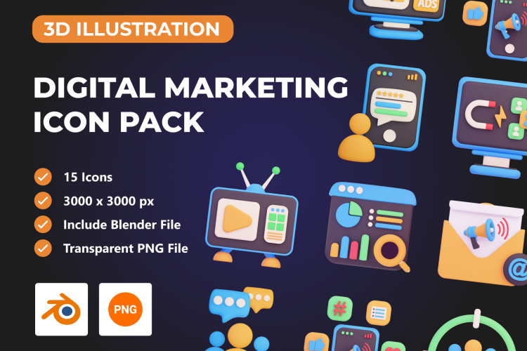 Digital Marketing 3D Icon Pack 15款数字科技app网页界面营销演示3D图标icon素材png免抠图资源