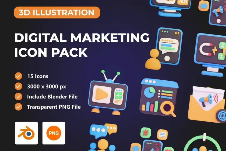 Digital Marketing 3D Icon Pack 15款数字科技app网页界面营销演示3D图标icon素材webp免抠图资源