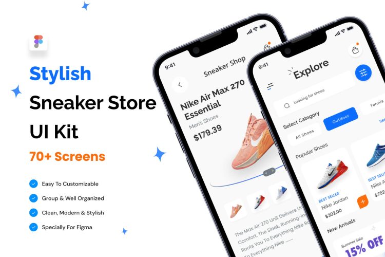 E-Commerce Sneaker Store App UI Kit 70+优质电商手机app界面设计购物商城ui设计素材含明暗模式