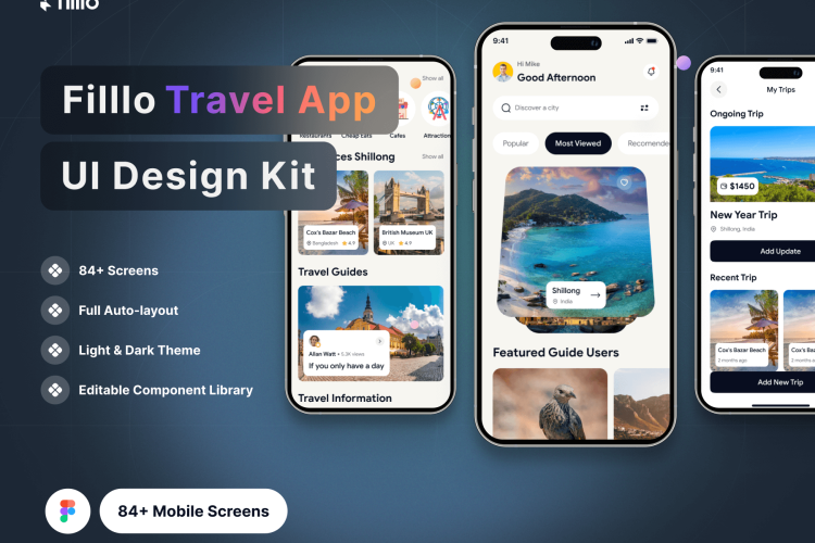 Filllo Travel App UI Design Kit 84屏国外旅游出行景点攻略门票预订app用户界面设计ui套件模板带明暗模式