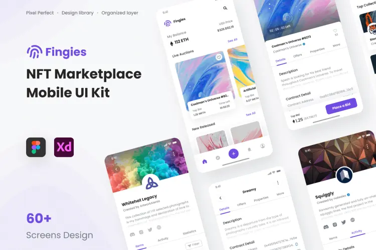 Fingies – NFT Marketplace Mobile App UI Kit 60屏国外NFT数字珍藏金融交易平台手机app用户界面设计ui套件模板