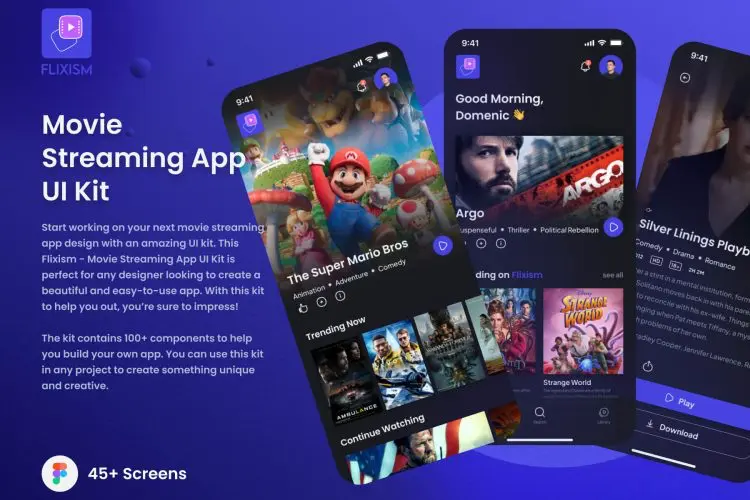 Flixism – Movie Streaming App UI Kit 46屏移动影院手机app界面设计在线电影ui设计素材