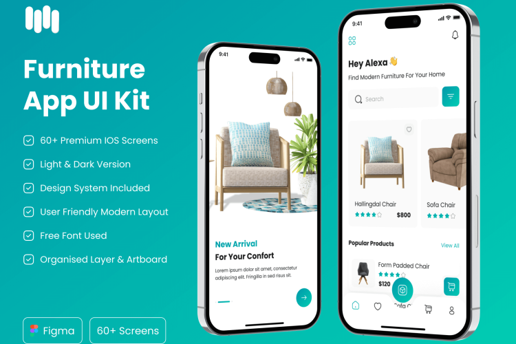 Furniture App UI Kit 60屏在线购物家具超市电商app界面设计明暗ui套件模板