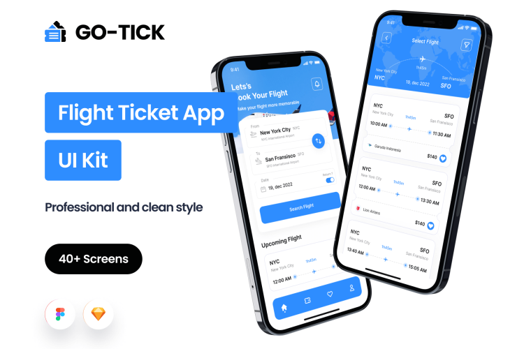 Go-Tick Flight Ticket App 40屏国外出行航班机票预订用户app用户界面设计模板