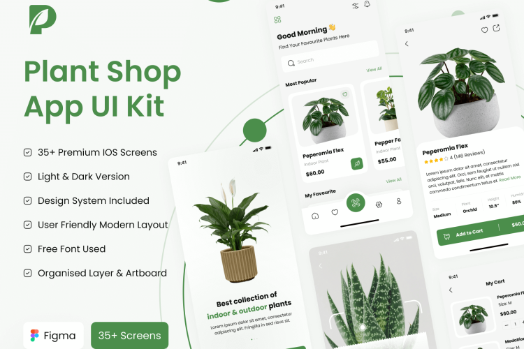 Plant Shop App UI Kit 35屏国外绿植市场在线订购商城app用户界面设计绿色ui套件模板明暗模式