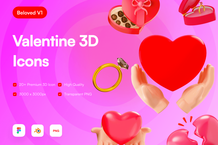 Valentine 3D Icons 24款情人节送礼表白3D图标icon素材png免抠图片