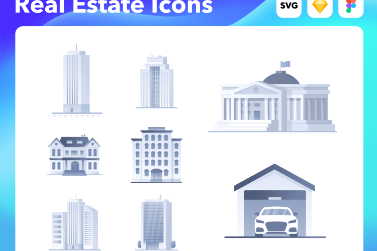 Web Icons Real Estate 100个中性灰色房地产房屋建筑矢量图标线面结合icon设计素材