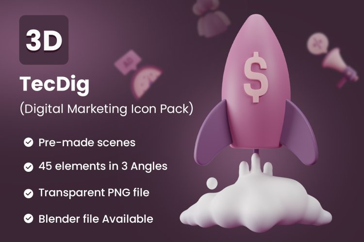 TecDig – 3D Marketing Icons Pack 45款数字科技app网页界面营销演示3D图标icon素材png免抠图资源