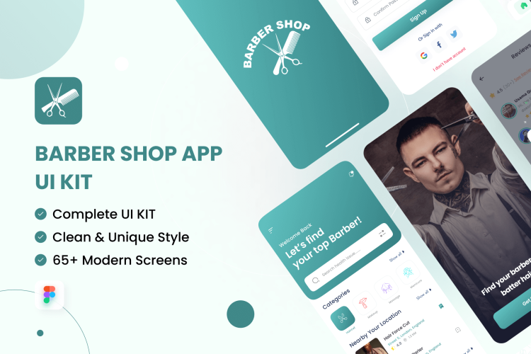 Barber App UI Kit 65屏时尚美发店理发沙龙服务预订app界面设计ui套件模板