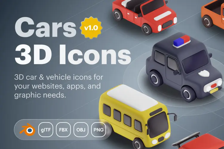 Carly – Car & Vehicle 3D Icon Set 10辆Q版迷你卡通汽车交通工具3D图标icon设计素材webp免抠图片