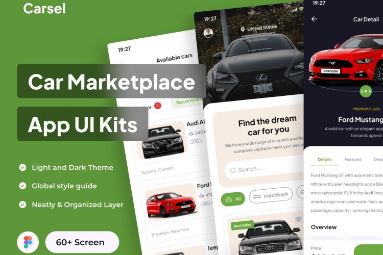 Carsel – Car Marketplace App UI Kits 60屏汽车二手车市场交易平台用户界面app设计ui套件模板