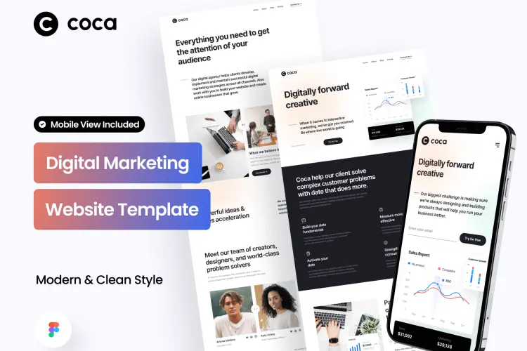Coca – Digital Marketing Website 12屏移动响应式市场营销宣传落地页网页用户界面设计ui套件模板