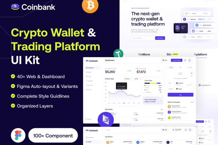 Coinbank – Crypto Wallet & Trading Platform 40屏比特币加密货币钱包投资管理数据可视化仪表板网页设计ui套件