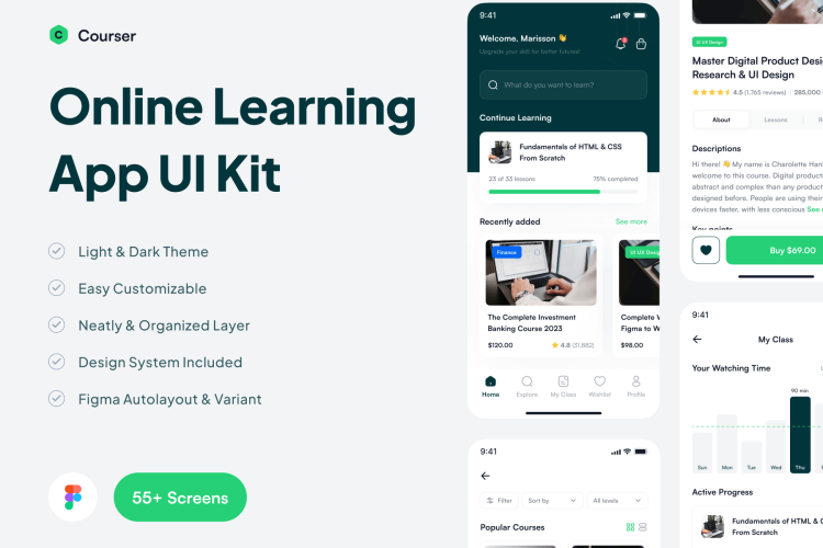 Courser – Online Learning App UI Kit 55屏在线学习应用程序 UI 套件明暗模式