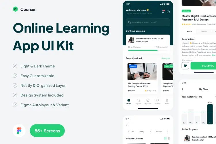 Courser – Online Learning App UI Kit 55屏在线学习应用程序 UI 套件明暗模式