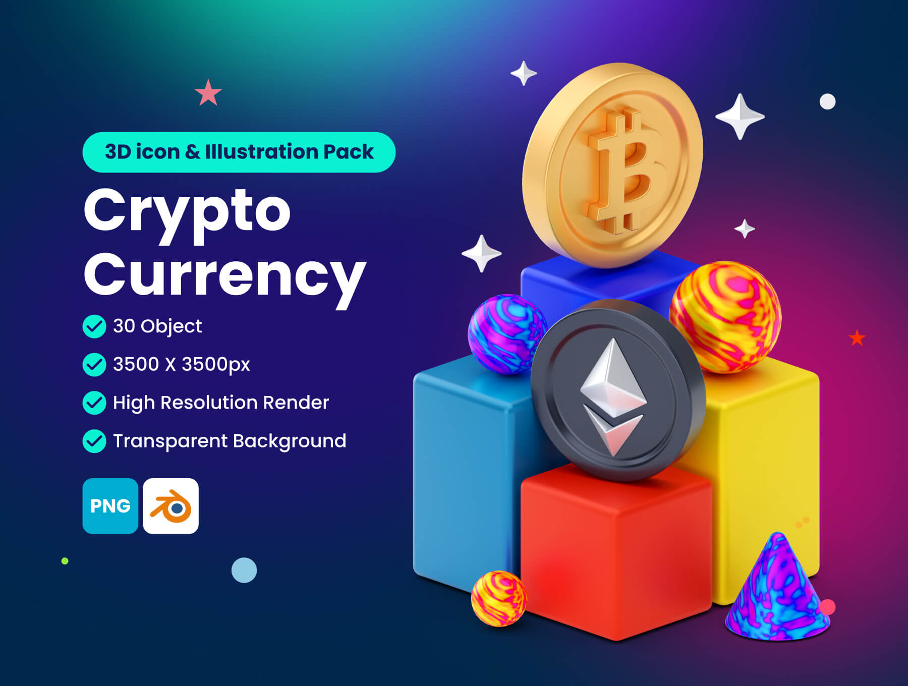 Cryptocurrency 3D Illustration Pack 30款加密货币比特币数字货币营销演示插图插画设计素材png免抠图片