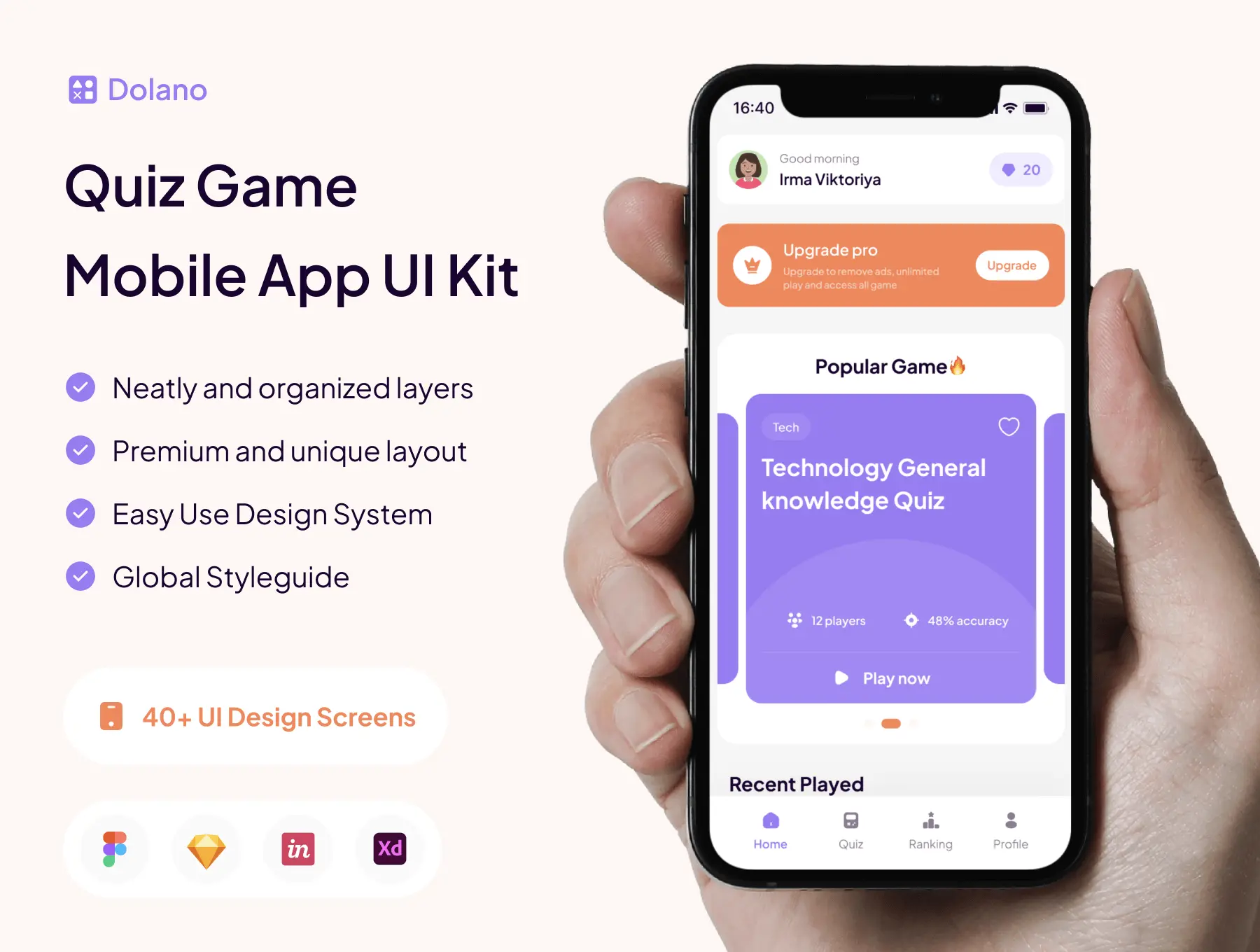 Dolano – Quiz Apps UI KIT 40屏自动测验故障测试程序用户界面app设计ui套件模板