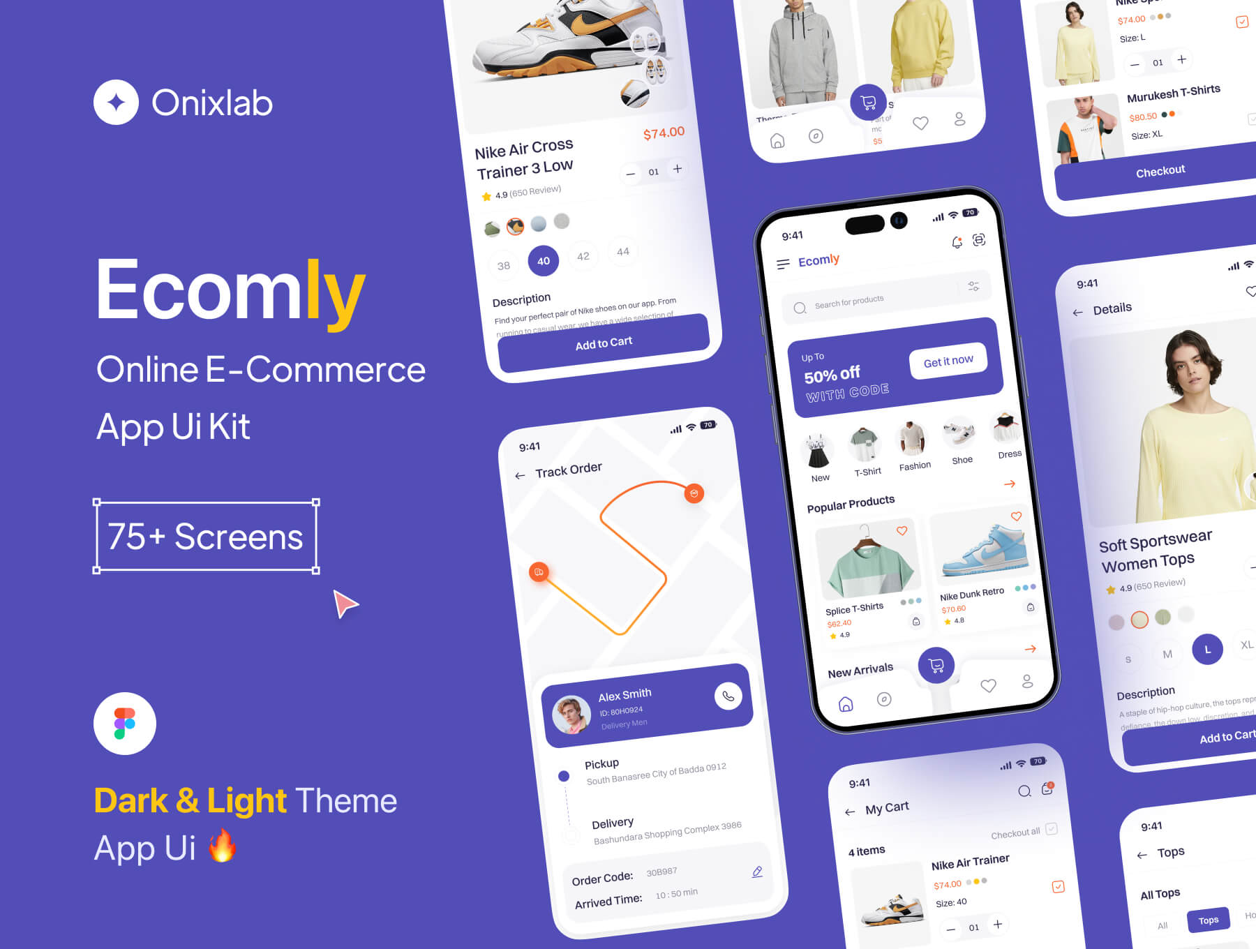 Ecomly E-commerce Mobile App UI Kit 75屏电子商务app界面UI设计素材含明暗模式