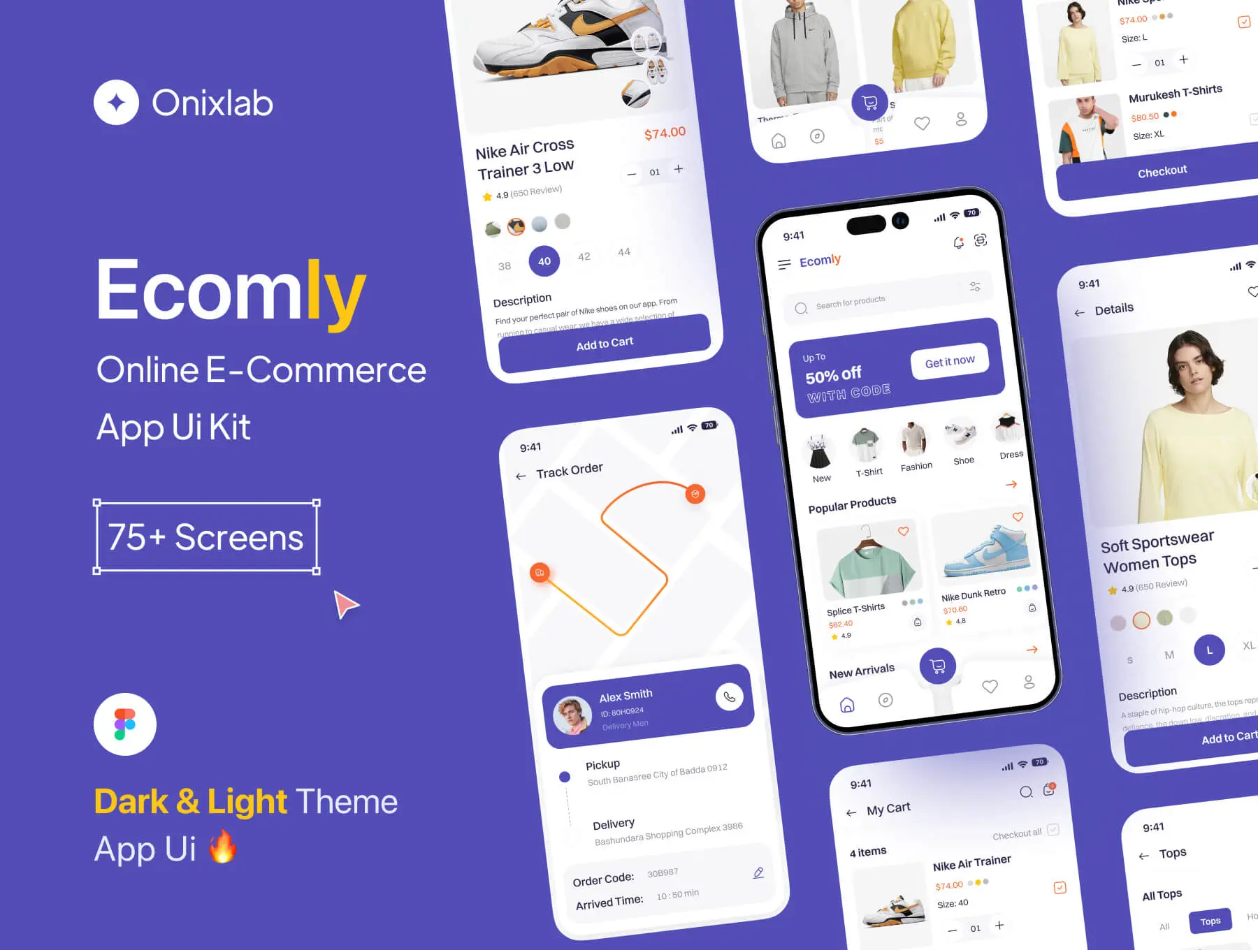 Ecomly E-commerce Mobile App UI Kit 75屏电子商务app界面UI设计素材含明暗模式