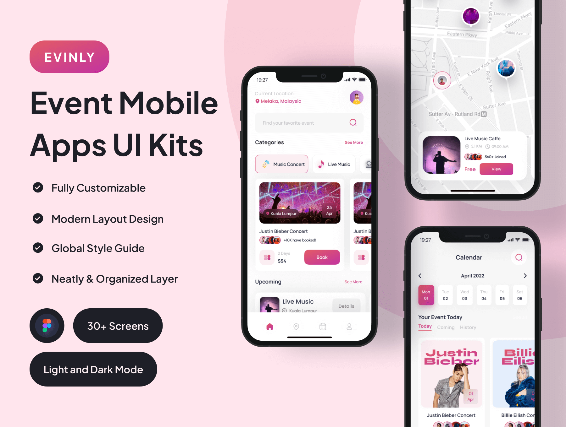 Evinly – Event Mobile Apps UI Kits 30屏线下演唱会派对活动入场门票预订用户界面app设计ui套件模板