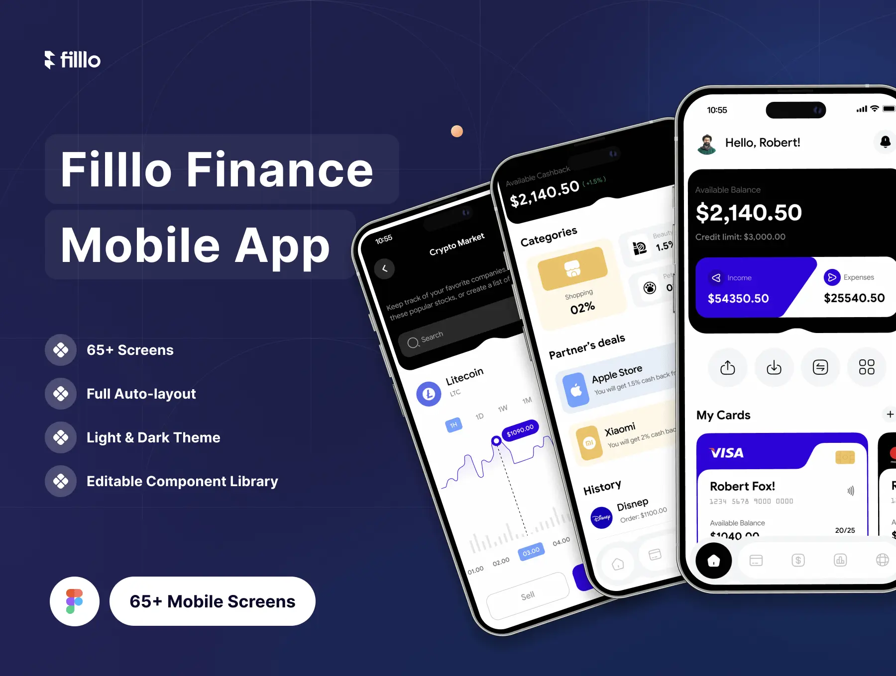 Filllo Finance App UI Kit 65屏金融理财财务投资管理用户界面app设计ui套件深色浅色模板