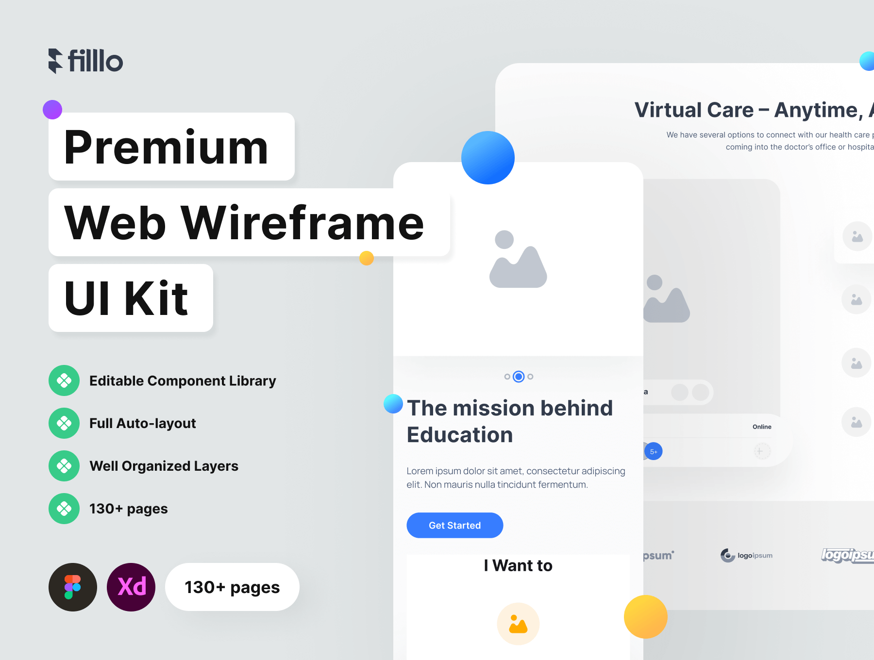 Filllo Web Wireframe UI Kit 130屏app网页产品原型线框草图响应式用户界面设计套件模板