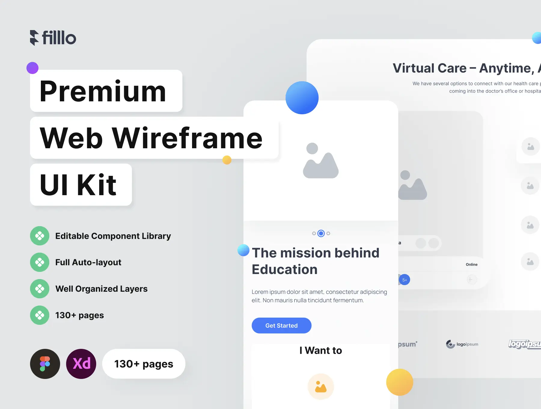 Filllo Web Wireframe UI Kit 130屏app网页产品原型线框草图响应式用户界面设计套件模板