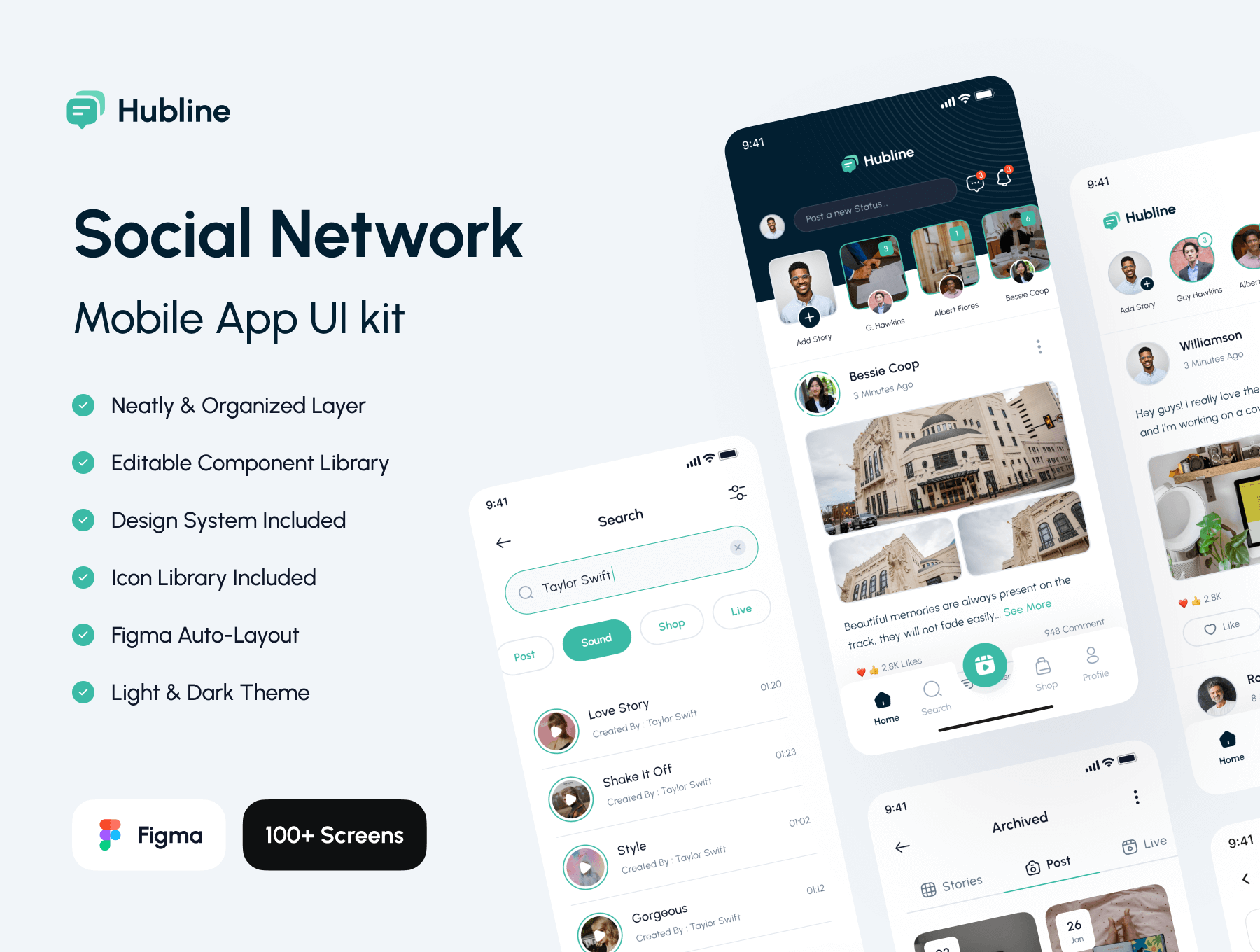 Hubline – Social Network Mobile App UI Kit 100屏移动在线直播短视频社交用户界面app设计ui套件