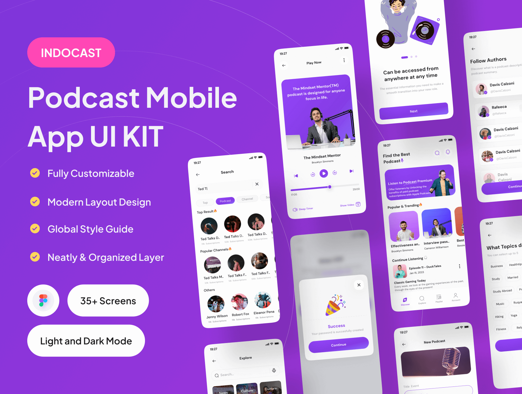 INDOCAST – Podcast Mobile App UI Kit 35屏具有现代和简约风格的高级播客移动应用程序 UI 套件