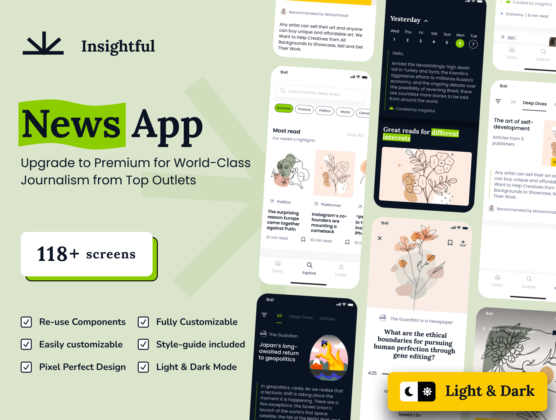 Insightful News Mobile App Design 118屏新闻资讯移动应用程序app界面设计ui素材明暗模式