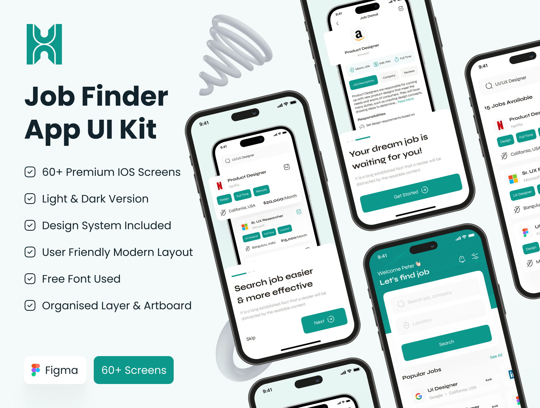 Job Finder App UI Kit 60屏在线求职找工作应用程序 UI 工具包含明暗模式