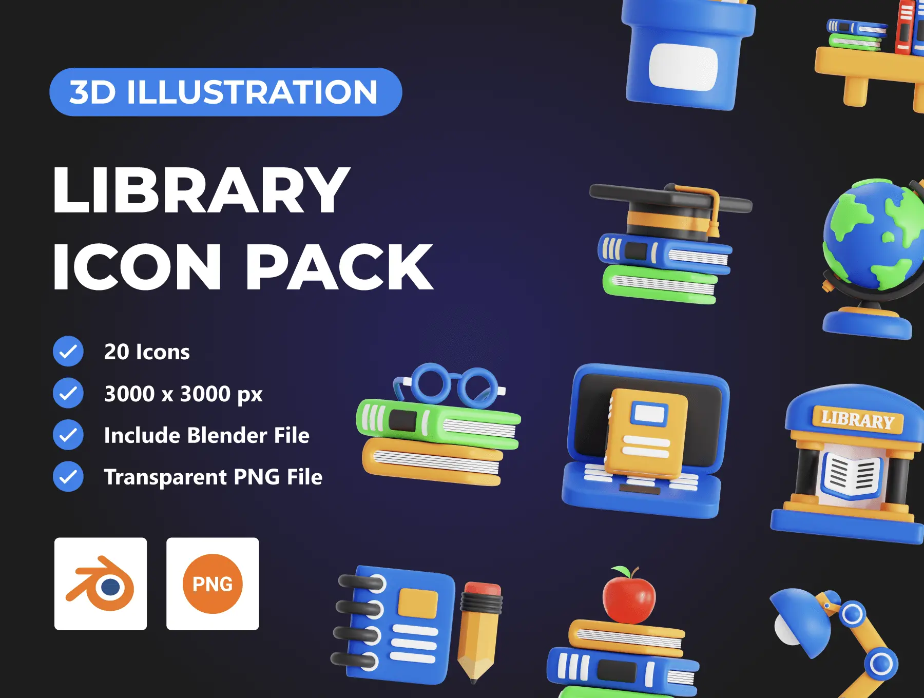 Library 3D Icon Pack 20款图书馆书本阅读学习文具3D图标icon设计素材webp免抠图片