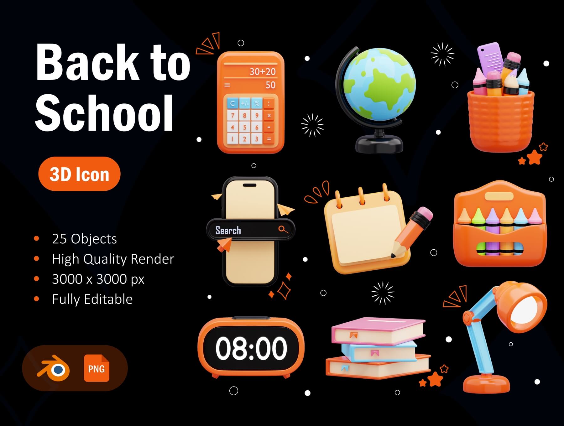 Back to School 3D Assets 25款3D立体卡通开学季学习用品文具插图插画png免抠图片设计素材