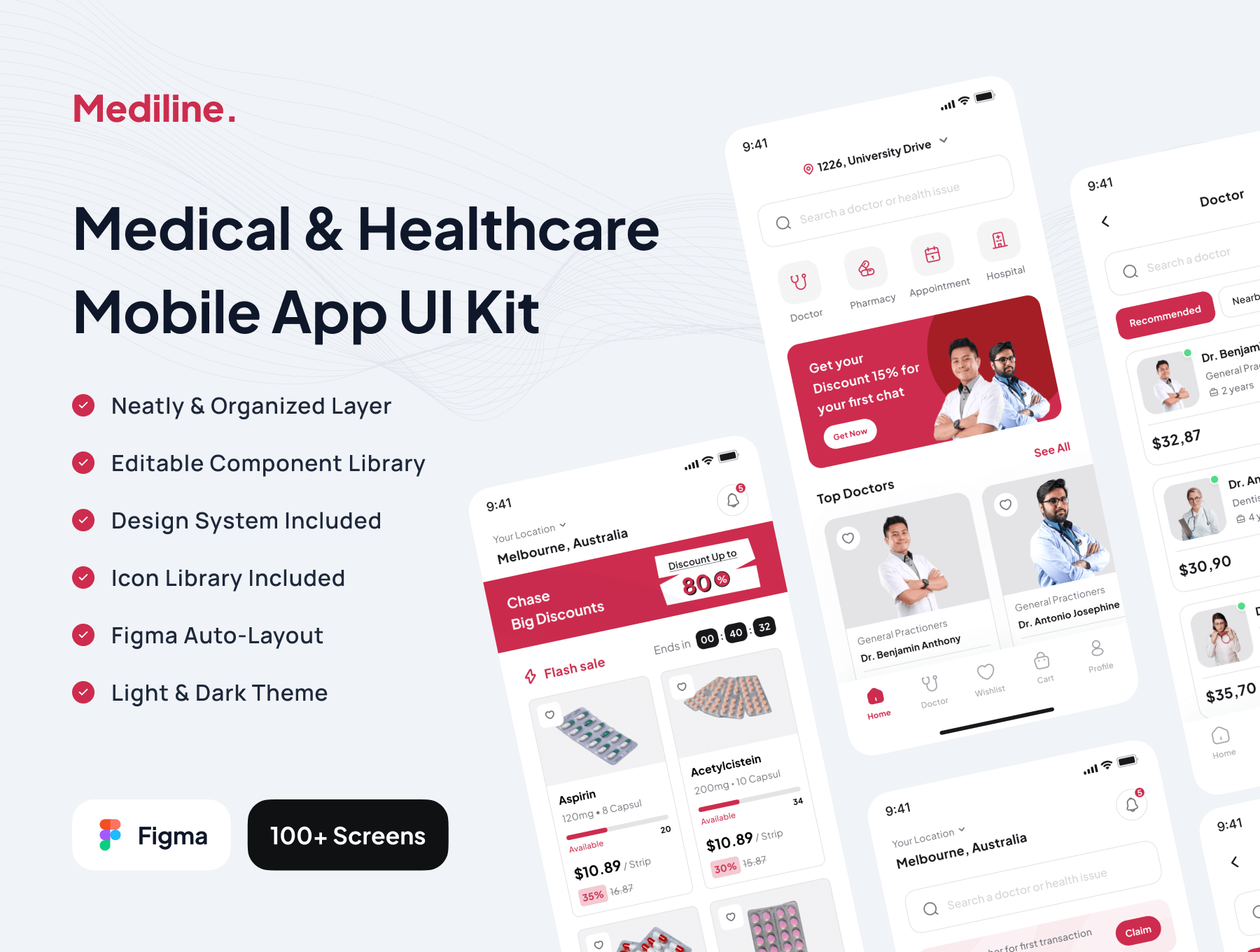 Mediline – Medical & Healthcare App UI Kit 100屏在线医疗健康保健网上药店移动用户界面app设计模板