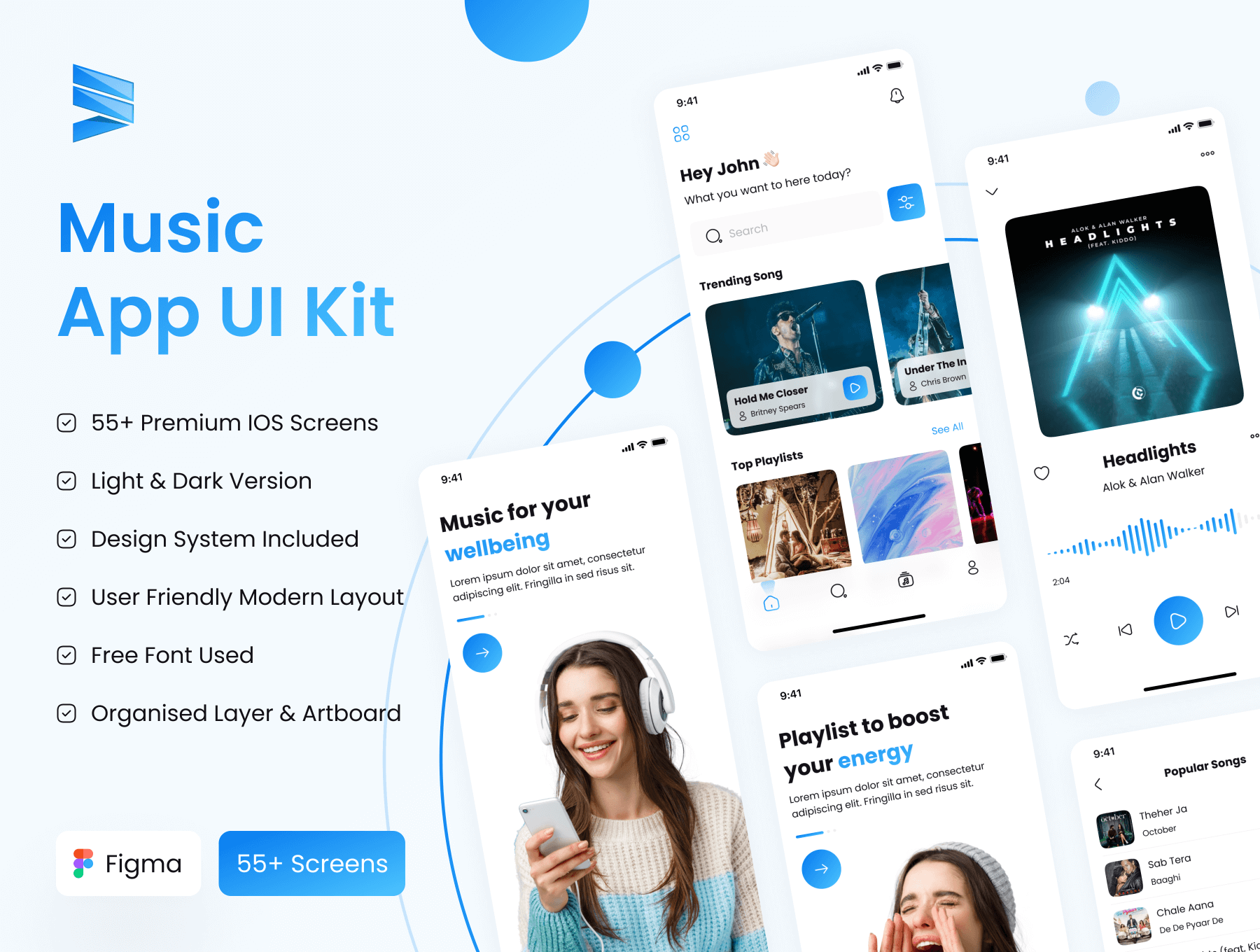 Music app UI Kit 55屏在线音乐歌曲听歌app用户界面设计ui套件模板明暗模式