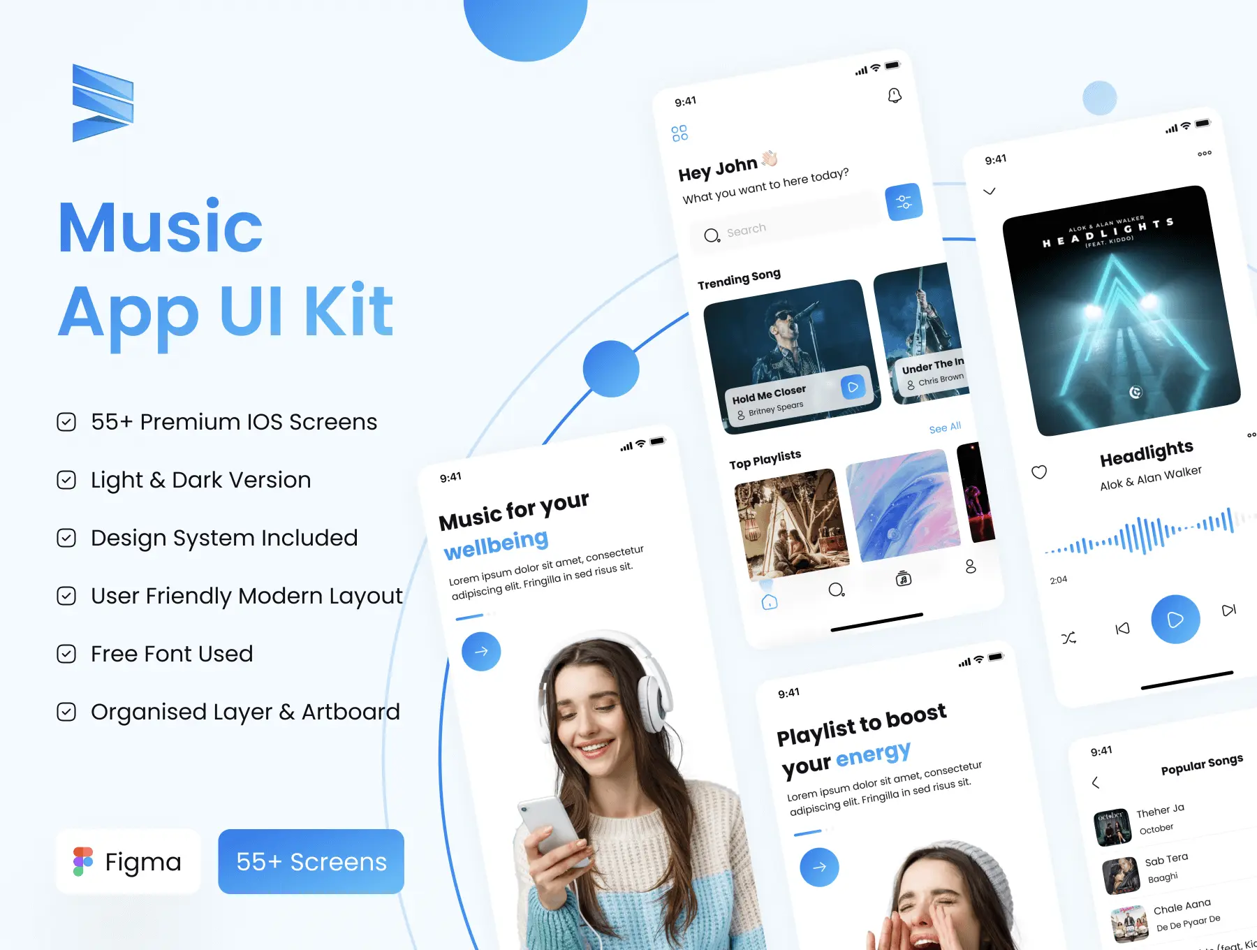 Music app UI Kit 55屏在线音乐歌曲听歌app用户界面设计ui套件模板明暗模式