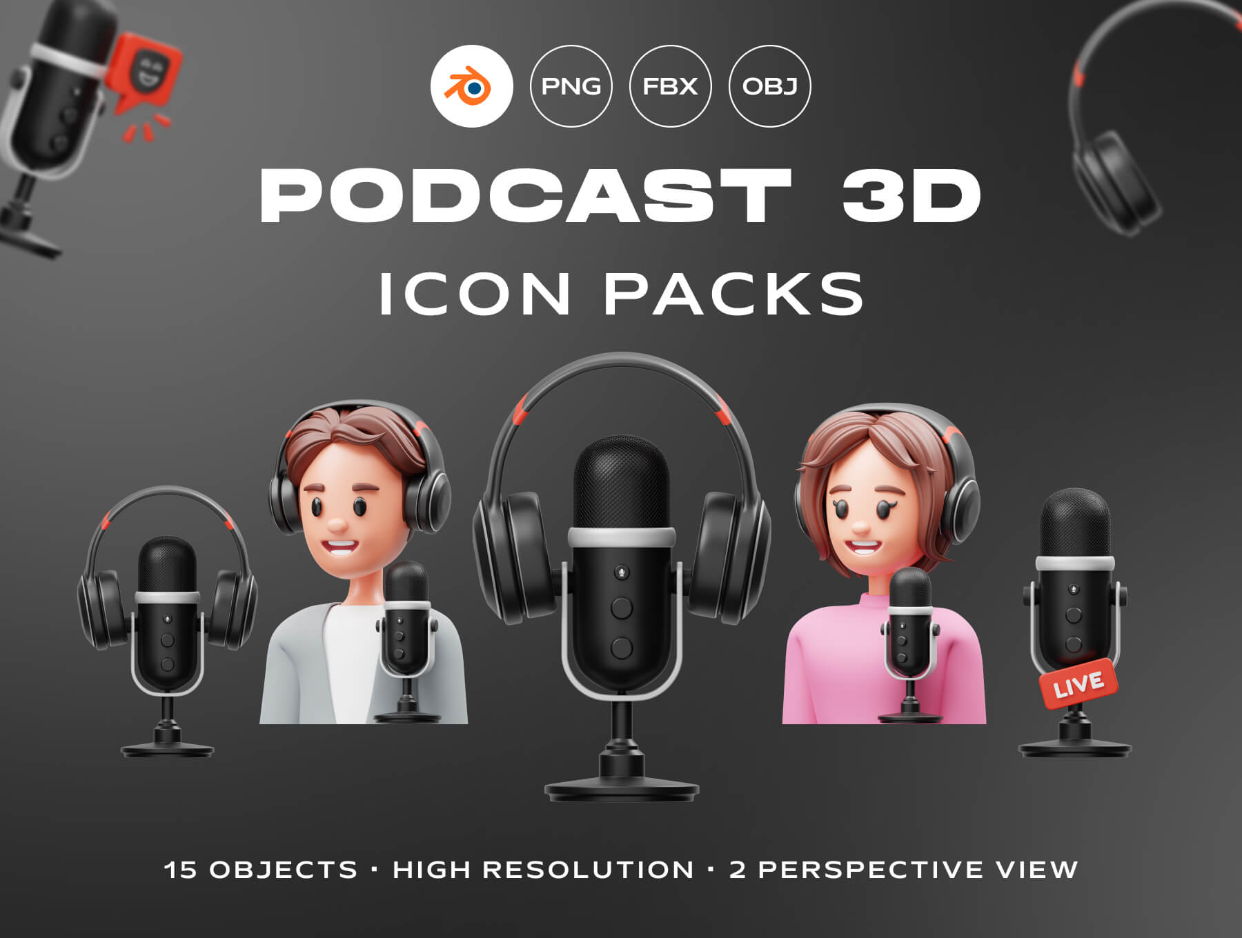 Podcast 3D Icon 15款新闻播报解说员播音设备演示3D图标icon设计素材png免抠图片